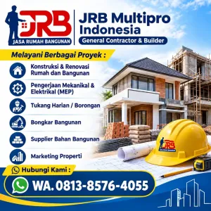 JRB Multipro melayani renovasi, tukang harian/borongan, MEP, bongkar bangunan, supplier material, dan marketing properti
