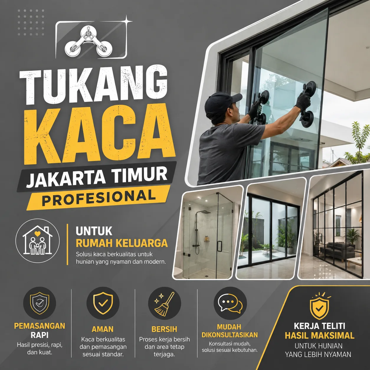 Tukang Kaca Jakarta Timur Profesional untuk Rumah Keluarga, Pemasangan Rapi, Aman, dan Mudah Dikonsultasikan